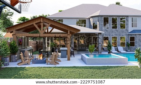 3D render of modern backyard pool, outdoor kitchen and fire pit area design
