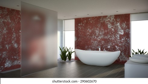 3D render of a Modern Bathroom With Dark Tiles and Red Wall