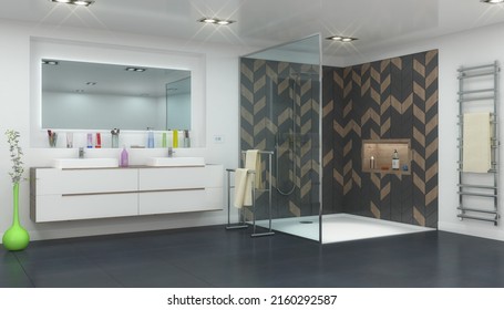 3d render of a modern bathroom with a large shower stall, two sinks and a large mirror.