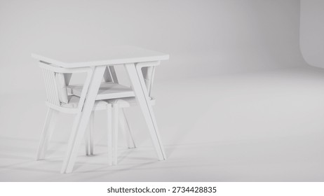 3D render of modern bistro dining set with wooden table and cushioned fabric chairs. Perfect for furniture catalogs, interior design visualization, product display, and contemporary decor concepts.