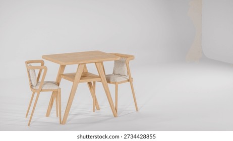 3D render of modern bistro dining set with wooden table and cushioned fabric chairs. Perfect for furniture catalogs, interior design visualization, product display, and contemporary decor concepts.