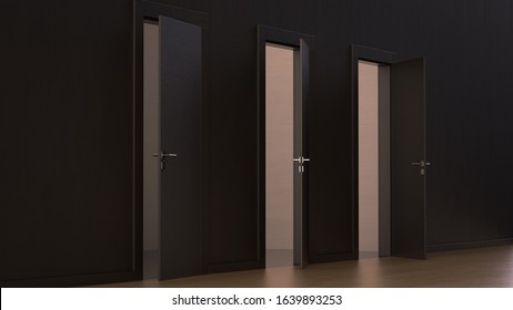 3d Render The Modern Black Wooden Three Doors Open Slightly In The Black Wall.