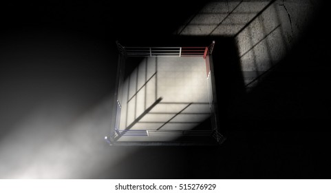 A 3D render of a modern boxing ring with a blue and red area spotlit dramatically on one corner on an isolated dark background
