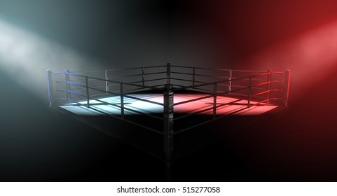 A 3D render of a modern boxing ring concept with opposing corners spotlit in contrasting conflicting colors on a dark background