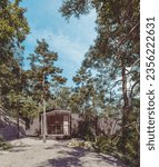 3d render of modern cabin surrounded by trees