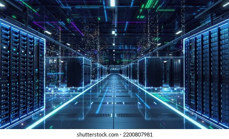 3D Render Of Modern Data Technology Center Server Racks In Dark Room With VFX. Visualization Concept Of Internet Of Things, Data Flow, Digitalization Of Internet Traffic. Electric Equipment Warehouse.