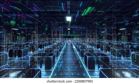 3D Render Of Modern Data Technology Center Server Racks In Dark Room With VFX. Visualization Concept Of Internet Of Things, Data Flow, Digitalization Of Internet Traffic. Computer Equipment Warehouse.