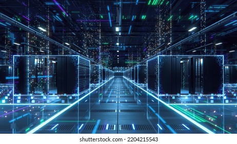 3D Render Of Modern Data Technology Center Server Racks In Dark Room With VFX. Visualization Concept Of Internet Of Things, Data Flow, Digitalization Of Internet Traffic. Complex Equipment Warehouse.