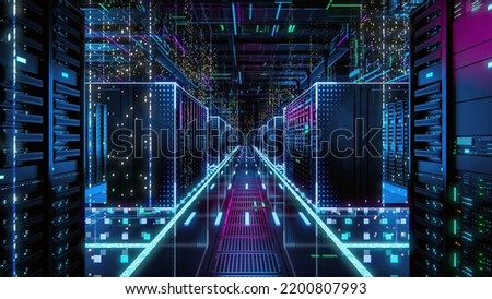 3D Render: Modern Data Technology Center Server Racks in Dark Room with VFX. Visualization Concept of Internet of Things, Data Flow, Digitalization of Internet Traffic. Information Storage Equipment.