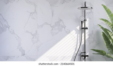 3D render modern design rain shower system faucet on empty white clean marble wall in a bathroom with tropical plants, morning sunlight, beautiful blind curtains shadow. Space, Mock up, Background.