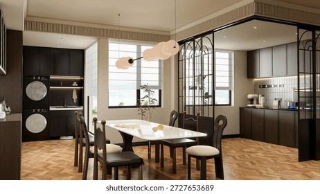3d Render Modern Dining Room and Kitchen Interior with Dark Wood Accents