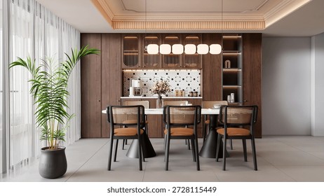 3d Render Modern Dining Room with Elegant Wooden Cabinetry and Stylish Decor