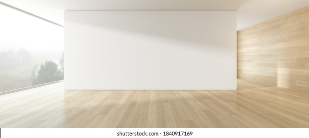 3d Render Of Modern Empty Room With Wooden Floor And Large Plain Wall.