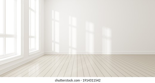 3d render of modern empty room with wooden floor and large white plain wall.