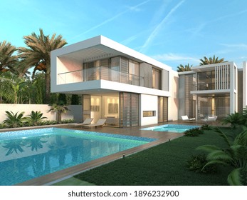 3d Render. Modern Exterior House Scene With Swimming Pool.