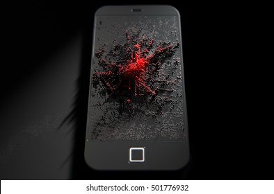 A 3D render of a modern generic smart phone screen emanating small red pixels at random that build up to form resemble a graph or infection 