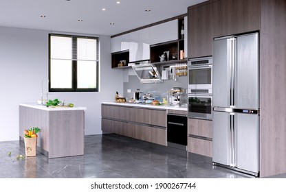 3d Render Of Modern Home Kitchen And Food Court