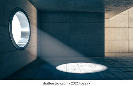 3D render of a modern interior with circular window