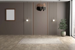 3D Render Modern Interiors Empty Room .plant Vase. Floor Parquet. Photo Frame
