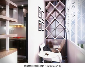 3d Render Of A Modern Kitchen In An City Apartment. Kitchen Interior Design With Brown Woods Cabinets Below And Light Brown Cabinets On The Top. 3d Illustration Breakfast Area In The Kitchen