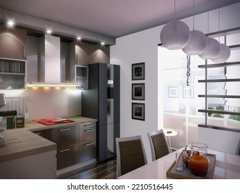 3d Render Of A Modern Kitchen In An City Apartment. Kitchen Interior Design With Brown Woods Cabinets Below And Light Brown Cabinets On The Top. 3d Illustration Breakfast Area In The Kitchen