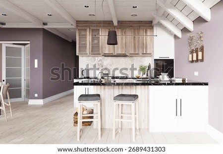 A 3D render of a modern kitchen interior with a black marble island, wooden cabinetry, and mauve walls under a white beamed ceiling.