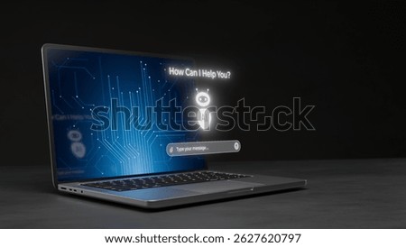 3d render of Modern laptop displaying AI chatbot interface with "How Can I Help You?" message on dark background