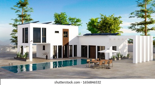 3D render of modern luxury house with large rectangular swimming pool. Property equipped with security cameras and solar panels. Wooden table with chairs and sun umbrella next to pool.  