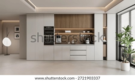 3d Render Modern Minimalist Kitchen with Integrated Appliances and Wood Accents