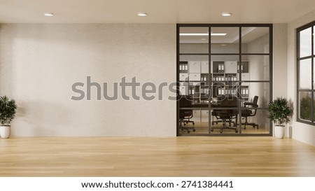 3D render Modern office interior with glass meeting room and empty space.