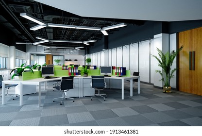 3d Render Of Modern Office, Working Room