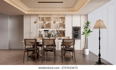 3d Render Modern OpenConcept Dining Room and Kitchen Interior with Elegant Furnishings