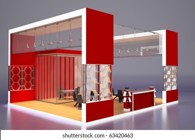 3d Render Of Modern Red Exhibition Stand.Perspective.