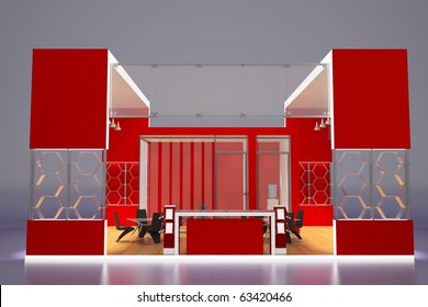3d render of modern red exhibition stand.Front view.