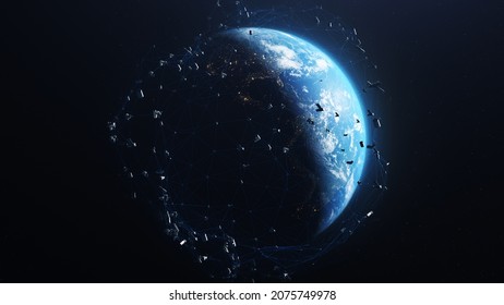 3D Render of modern satellite network over Earth