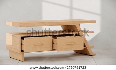 3D render of modern TV console with angular design, drawers, and shelves. Perfect for furniture catalogs, product visualization, interior design projects, and contemporary decor presentations.