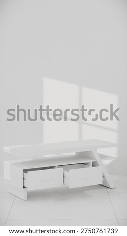 3D render of modern TV console with angular design, drawers, and shelves. Perfect for furniture catalogs, product visualization, interior design projects, and contemporary decor presentations.