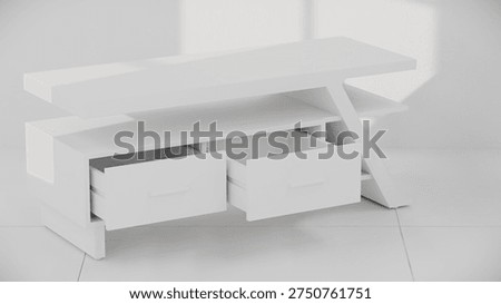 3D render of modern TV console with angular design, drawers, and shelves. Perfect for furniture catalogs, product visualization, interior design projects, and contemporary decor presentations.