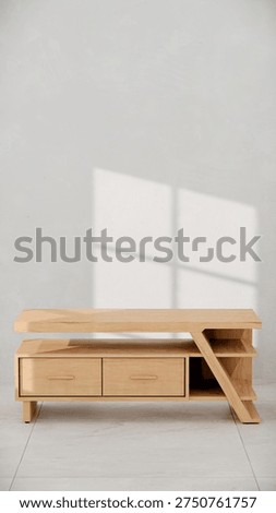 3D render of modern TV console with angular design, drawers, and shelves. Perfect for furniture catalogs, product visualization, interior design projects, and contemporary decor presentations.