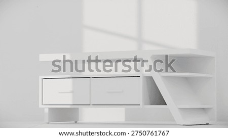 3D render of modern TV console with angular design, drawers, and shelves. Perfect for furniture catalogs, product visualization, interior design projects, and contemporary decor presentations.