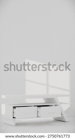 3D render of modern TV console with angular design, drawers, and shelves. Perfect for furniture catalogs, product visualization, interior design projects, and contemporary decor presentations.