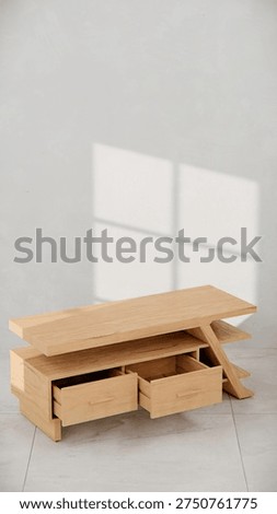 3D render of modern TV console with angular design, drawers, and shelves. Perfect for furniture catalogs, product visualization, interior design projects, and contemporary decor presentations.