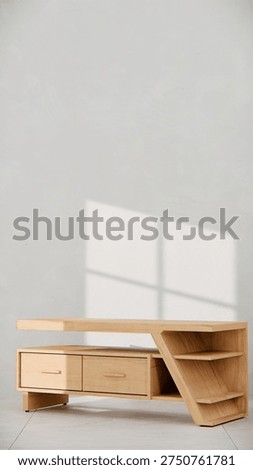 3D render of modern TV console with angular design, drawers, and shelves. Perfect for furniture catalogs, product visualization, interior design projects, and contemporary decor presentations.