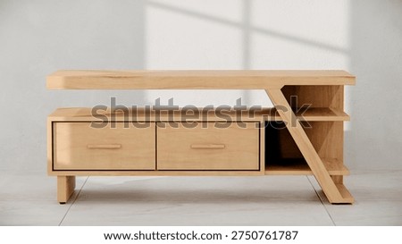 3D render of modern TV console with angular design, drawers, and shelves. Perfect for furniture catalogs, product visualization, interior design projects, and contemporary decor presentations.
