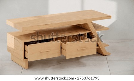 3D render of modern TV console with angular design, drawers, and shelves. Perfect for furniture catalogs, product visualization, interior design projects, and contemporary decor presentations.