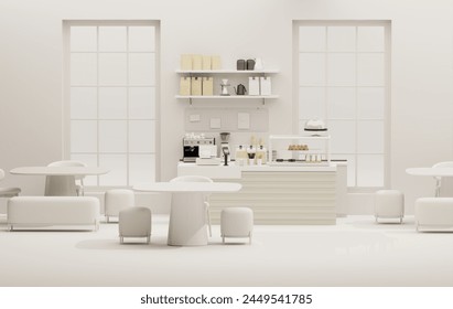 3D render modern white and beige style cafe counter with big window, with espresso coffee making machine, stack of eco friendly paper cup. Morning sunlight, Bistro, Business, Space, Blank - Powered by Shutterstock