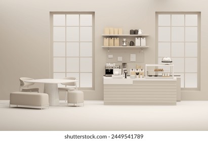 3D render modern white and beige style cafe counter with big window, with espresso coffee making machine, stack of eco friendly paper cup. Morning sunlight, Bistro, Business, Space, Blank - Powered by Shutterstock