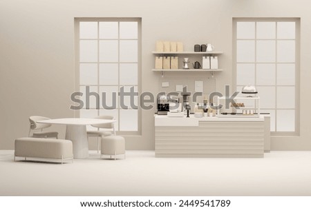 3D render modern white and beige style cafe counter with big window, with espresso coffee making machine, stack of eco friendly paper cup. Morning sunlight, Bistro, Business, Space, Blank