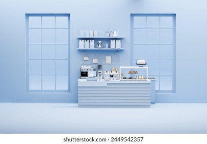 3D render modern white and blue style cafe counter with big window, with espresso coffee making machine, stack of eco friendly paper cup. Morning sunlight, Bistro, Business, Space, Blank - Powered by Shutterstock