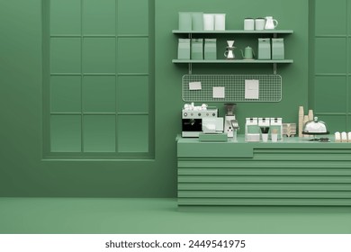 3D render modern white and green style cafe counter with big window, with espresso coffee making machine, stack of eco friendly paper cup. Morning sunlight, Bistro, Business, Space, Blank
 - Powered by Shutterstock